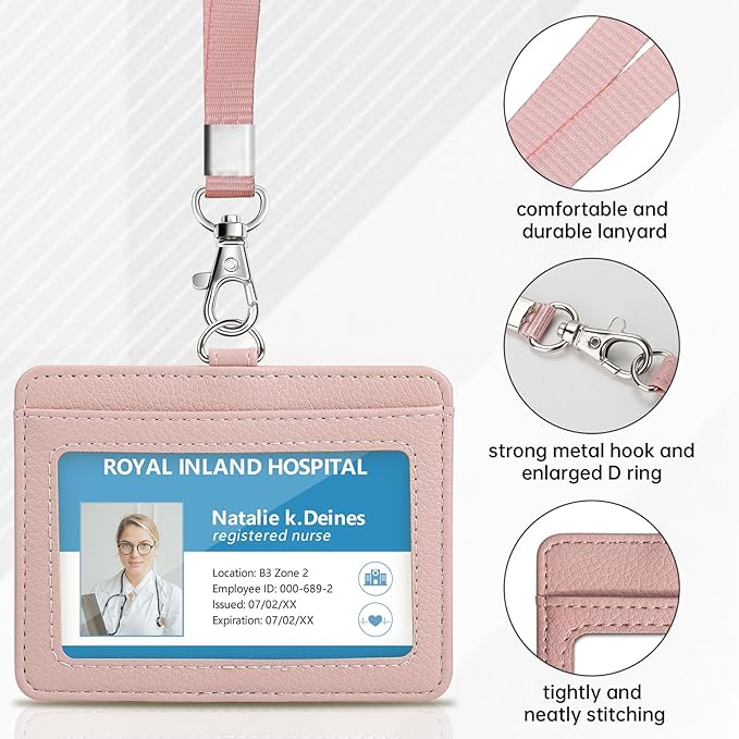 Teskyer Badge Holder with Lanyard, Leather ID Name Badge Card Holder with Lanyard for ID Badges, Horizontal, Lychee Pattern Dark Pink