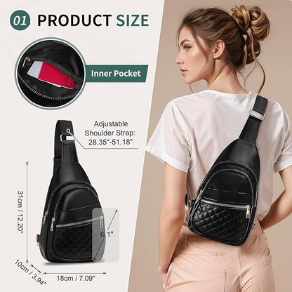 Crossbody Bags for Women Men,Leather Sling Bag Cross Body Backpack for Women, Casual Chest Bag Daypack for Travel Hiking, Black
