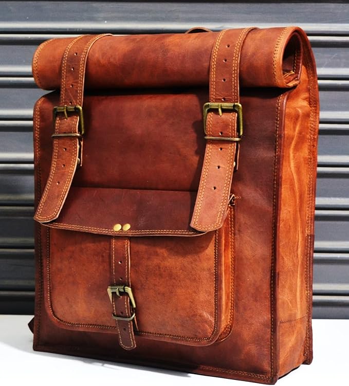 URBAN DEZIRE Men's 17 inch Leather Vintage Roll On Laptop Backpack Rucksack knapsack college bag