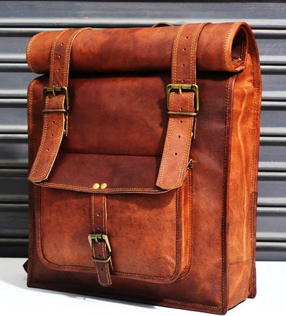 URBAN DEZIRE Men's 17 inch Leather Vintage Roll On Laptop Backpack Rucksack knapsack college bag