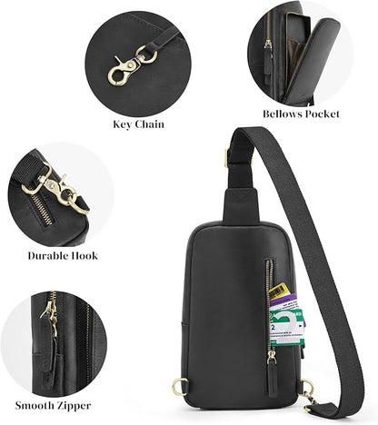 S-ZONE Sling Bag for Men Women RFID Blocking Top Grain Leather Crossbody Shoulder Bag Chest Hiking Daypack Travel