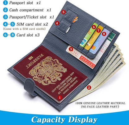 Passport Holder for Travel Women RFID Blocking Genuine Leather Passport Wallet with Card Slots, Zipper Coins Pocket, Cash Holder, Navy Blue