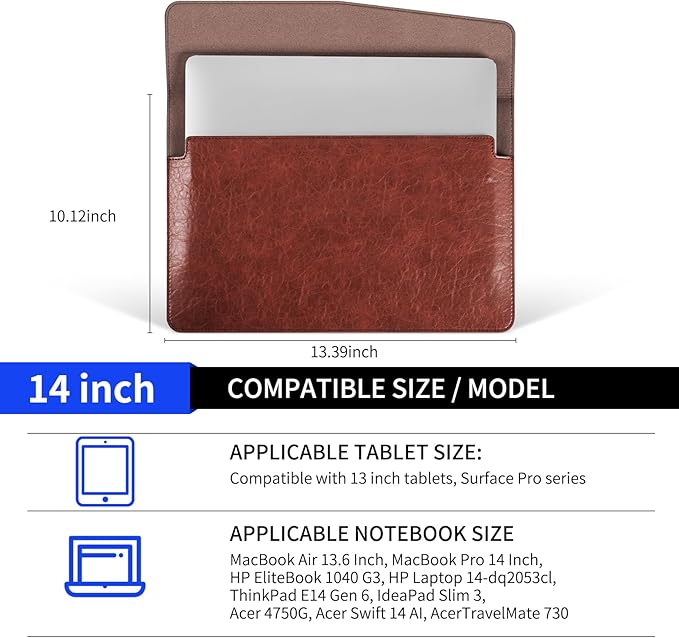 14 Inch Leather Laptop Sleeve for MacBook Pro 14 Inch M5 M4 M3 M2 M1 Pro/Max Case,Premium Protective Case Cover with Magnetic Closure-Vintage Red Brown