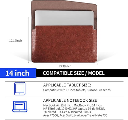 14 Inch Leather Laptop Sleeve for MacBook Pro 14 Inch M5 M4 M3 M2 M1 Pro/Max Case,Premium Protective Case Cover with Magnetic Closure-Vintage Red Brown