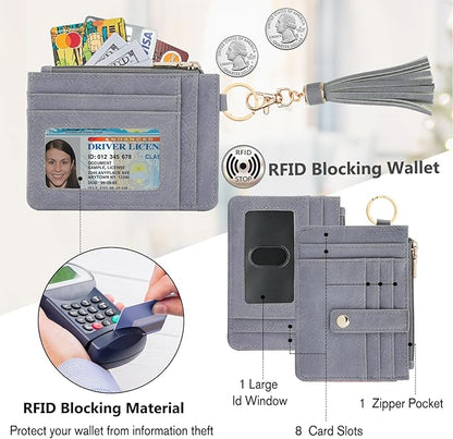 KNGITRYI Wallet Keychain Wristlet for Women,Slim RFID Credit Card Holder Purse Tassel Keychain Bangle Key Ring for Men Women