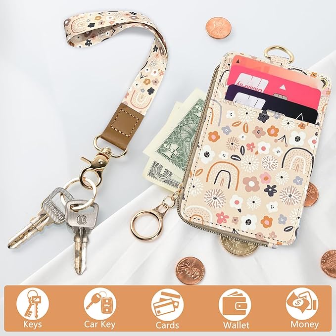 bolimoss Teacher Lanyards for ID Badges Holder and Keys Wallet,Cute Flowers Rainbow ID Lanyard Wallet for Women,ID Card Holders with Breakaway Neck & Wrist Lanyards for Work Nurse Teacher Student