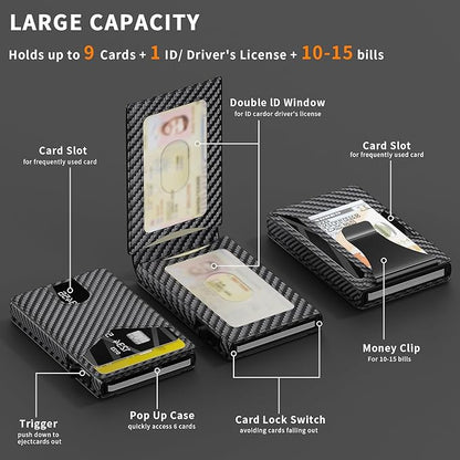 Wallet for Men Aluminum RFID Blocking -Metal Smart Pop-Up Credit Card Holder with 2 ID Windows, Holds 8-10 Cards,Bifold Security Front Pocket Wallet & Money Clip,Men's accessories(Carbon)
