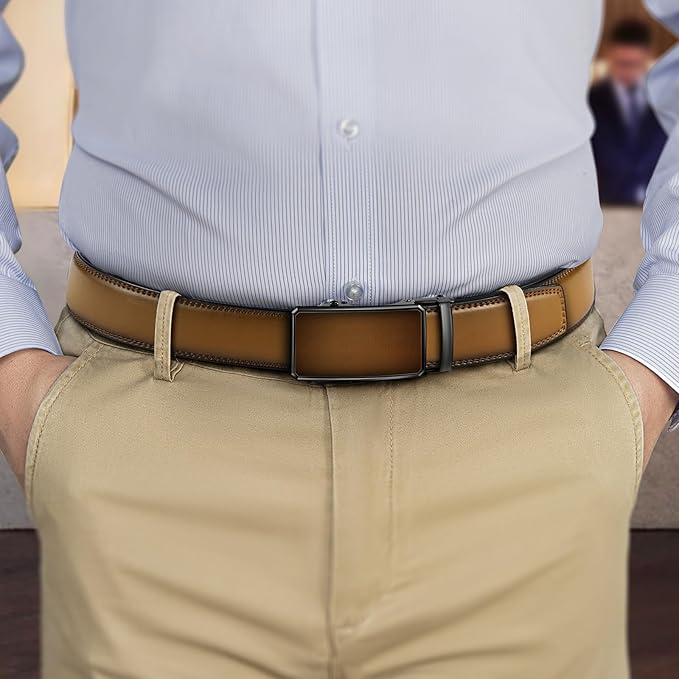 KEMISANT Men Belt Ratchet Click Belt Genuine Leather Adjustable For Men Golf Dress Casual Jeans 1 3/8-Cut For Fit