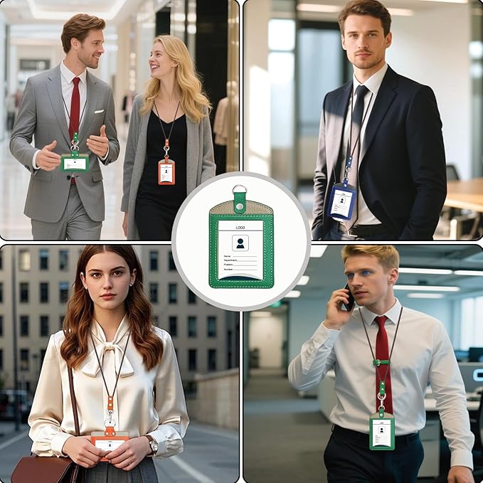 Badge Holder: Boshiho Cowhide Leather ID Badge Card Holder with 19" Neck Lanyard, Vertical Style (Green-Gray)