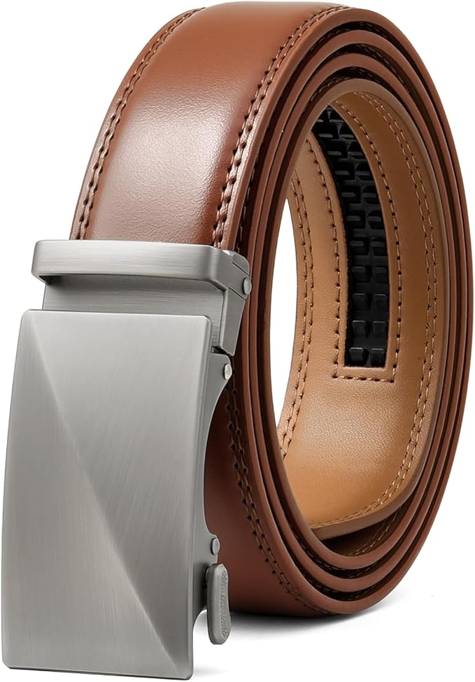 SENDEFN Men's Leather Belt - Automatic Ratchet Slide Buckle, Easy Trim-to-Fit Function, Packaged with Gift Box