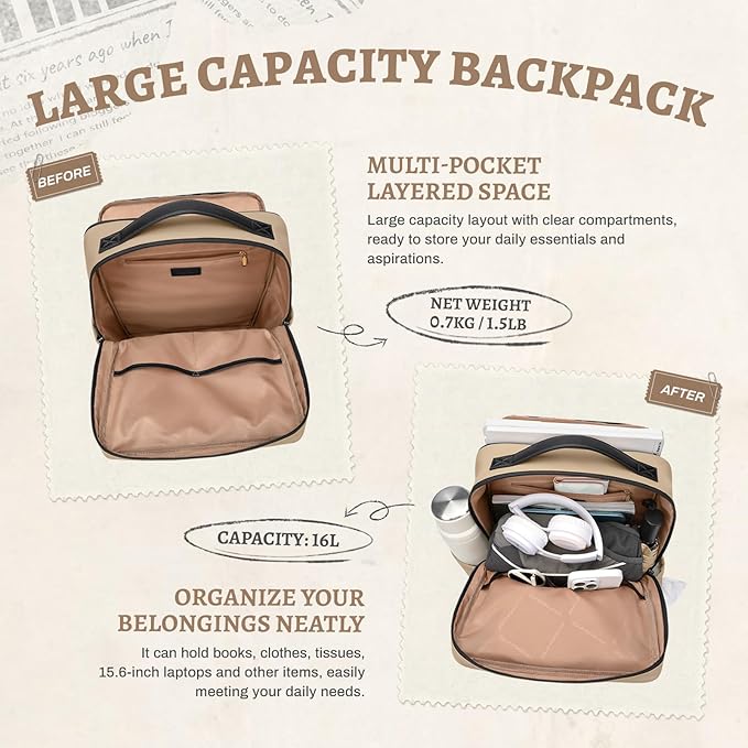 GOLF SUPAGS Imitation Leather Backpack for Women Men Multi-Functional Water-Resistant Casual Daypack for Work, Travel & College Fits 15.6 Inch Laptop (Gravel Brown)