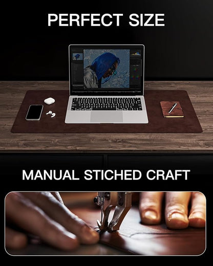 YSAGi Genuine Leather Desk Mat, 23.6"x13.8" Office Desk Pad, Thick Desk Pad Mat with Stitched Line, Non-Slip Desk Mat with Rubber Base (Dark Brown, 23.6"x13.8")