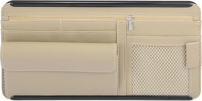 X AUTOHAUX Beige Universal Car Sun Visor Organizer Sunglasses Case Storage Pocket Hook and Loop Tape ABS PU Leather for SUV RV Truck