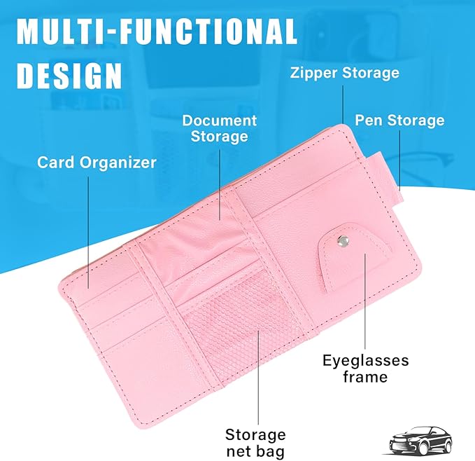 Augeny Car Sun Visor Organizer, Leather Personal Belonging Storage Pouch with Zipper, Car Visor Storage Pouch Sunglasses Holder, Auto Interior Accessories Pocket Organizers (Pink)