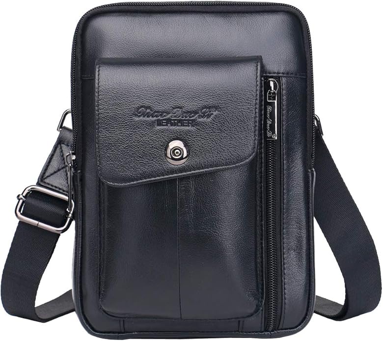 Hebetag Small Leather Sling Shoulder Bag Messenger Pack for Men Women Outdoor Travel Business