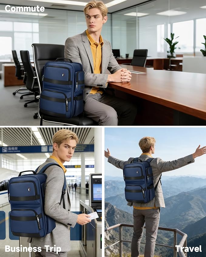 Work Laptop Backpack for Men 17in, USB-C Port Carry On Backpack with Patented Adjustable Width Straps, TSA Dual Laptop Compartments Backpack Travel, Waterproof Business Backpack for Professional, Blue