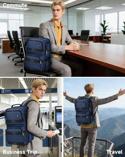 Work Laptop Backpack for Men 17in, USB-C Port Carry On Backpack with Patented Adjustable Width Straps, TSA Dual Laptop Compartments Backpack Travel, Waterproof Business Backpack for Professional, Blue