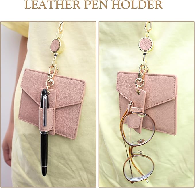 Office Badge Holder - Boshiho Genuine Leather Credit ID Card Holder with Stretch Neck Lanyard and Pen Clip, Gift Box (Horizontal-Pink)