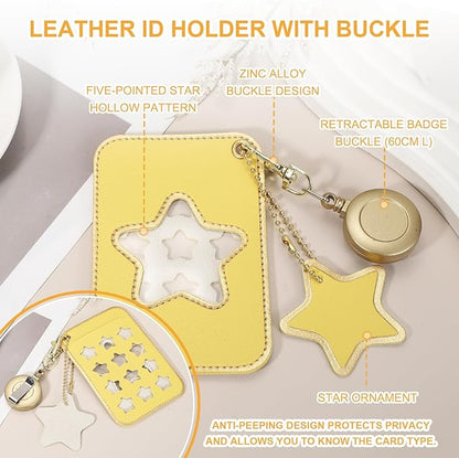 PATIKIL Retractable Badge Holders, 2 Pcs Cute Leather ID Holder with Badge Reels Keychain ID Card Clip Protector Cover for Women Work Office Business Trip, Light Blue/Yellow