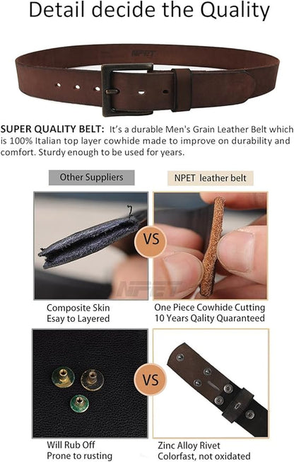 NPET Mens Leather Belt Full Grain Vintage Distressed Style Snap on Strap 1 1/2" Wide with Buckle