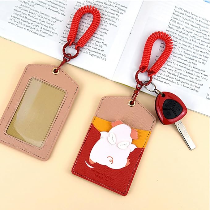 ID Badge Holder with Keychain, 3 Card Slots Cartoon Animal Cute Badge Holder for Professionals, Teacher, Nurse Officer and Students Women Girls Boys (Piggy)