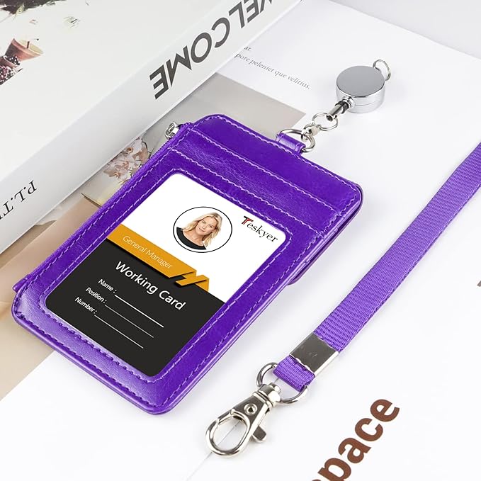 Teskyer Leather Badge Holder with Lanyard and Retractable Badge Reel, 4 Card Slots ID Card Holder with 1 Zipper Pocket for Office School Name Work IDs, Purple