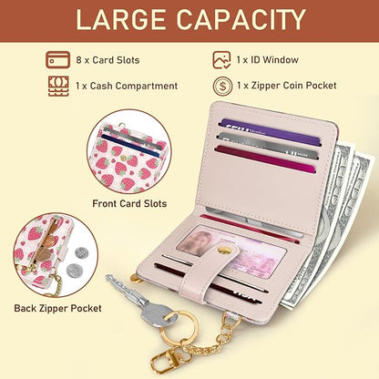 Jogjam Strawberry Rfid Girls Girly Teen Wallet, Small Slim Thin Compact Travel Credit Card Women Wallet, Cute PU Leather Bifold Cash Zipper Coin Pocket ID Window for Female Ladies Gifts