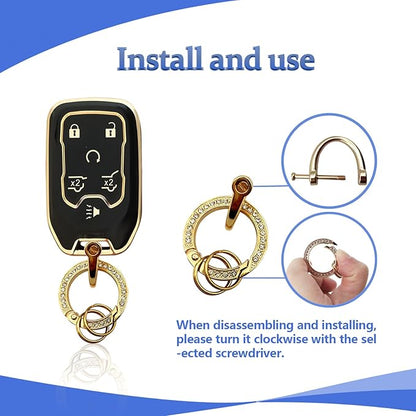 Soft TPU Key Fob Cover Case Shell Protector Key Cover Compatible with Chevy Chevrolet Suburban Tahoe GMC Terrain Yukon Yukon XL Car Key with Bling Keychain for Accessories (Black)