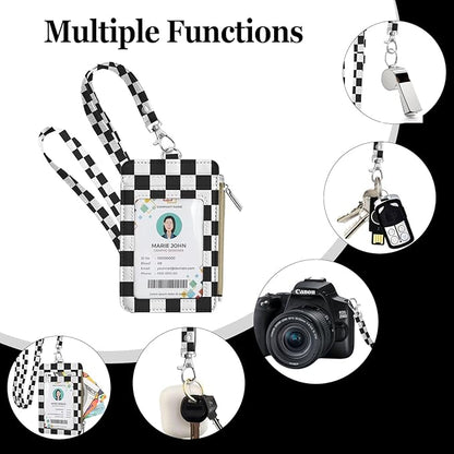 bolimoss Checkered Lanyard Wallet, Teacher Lanyard with ID Holder Small Keychain Wallet Pu Leather Slim Credit Card Holder with Breakaway Neck Strap for Key Name Tag
