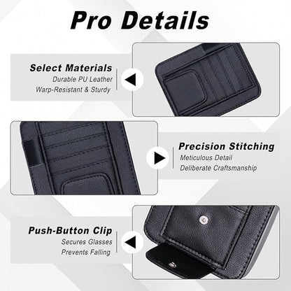 Car Sun Visor Organizer, Sunvisor Organizers with Sunglass Holder & Card Sleeve Pocket, Leather Car Sunglass Holder for Most Vehicle of Trucks, SUVs, Black