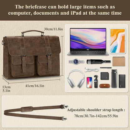 Leather Messenger Bag for Men 15.6 Inch Vintage Laptop Bag Waterproof Briefcases for Men Computer Bag Satchel for Work/Office
