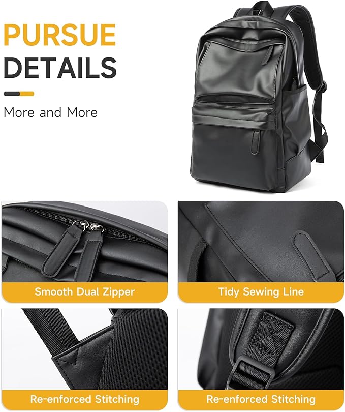 MOYYI Leather Laptop Backpack for Men Black Fit 15.6inch Laptop Backpack Simplify Rucksack Waterproof for Work Commute Casual Daypack
