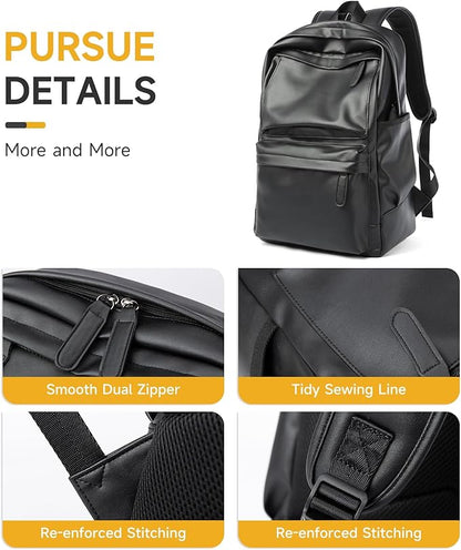 MOYYI Leather Laptop Backpack for Men Black Fit 15.6inch Laptop Backpack Simplify Rucksack Waterproof for Work Commute Casual Daypack