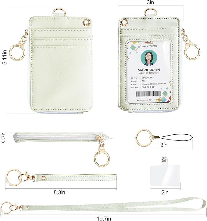 bolimoss 2-in-1 ID Badge Holder & Lanyard Wallet, Leather ID Badge Card Holder Wallet with 5 Card Slots, 1 Side Zipper Pocket,Detachable Keychain Lanyards Wristlet Strap for Office School, White