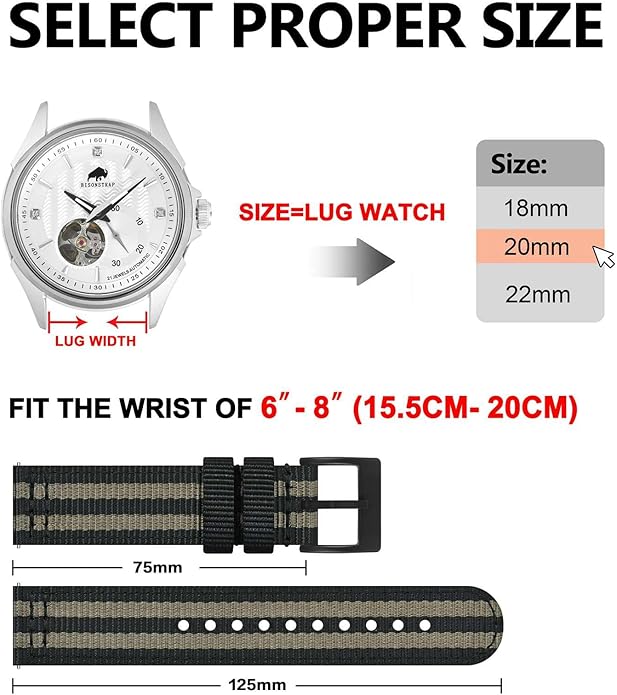 BISONSTRAP Men’s Nylon Watch Bands, Two-Piece Military Watch Straps, Quick Release, Brushed Buckle, Band Width 18mm 19mm 20mm 22mm