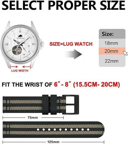BISONSTRAP Men’s Nylon Watch Bands, Two-Piece Military Watch Straps, Quick Release, Brushed Buckle, Band Width 18mm 19mm 20mm 22mm