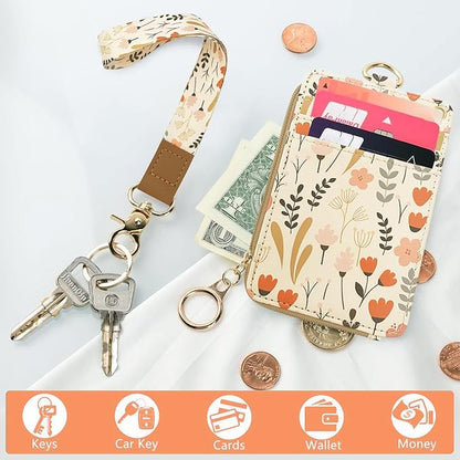 Bolimoss Floral Lanyard for ID Badge Wallet with Zipper Pocket, Cute Women Badge Holder with Detachable Neck Wrist Lanyard, ID Name Tag Work Badge Clip