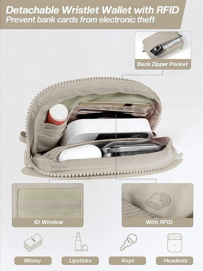 Tiostep Clip and Go Strap for Phone with Wallet Crossbody Phone Lanyard Adjustable and Detachable RFID Wristlet Wallet with ID Window and Zipper, Khaki
