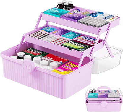 Yieach 3-Layer Plastic Art Supply Storage Organizer and First aid Organizer with Portable Handled and Multipurpose Home Medication Organizers Storage Box for Ivf Must Haves Medicine Storage,Purple