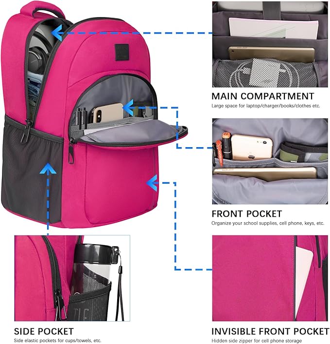 LARIPOP Carry On Backpack for Airplane, 15.6 Inch Laptop Backpack with USB Charging Port, Water Resistant Business Travel Backpack, Lightweight College School Bookbag Anti Theft for Men Women, Rose