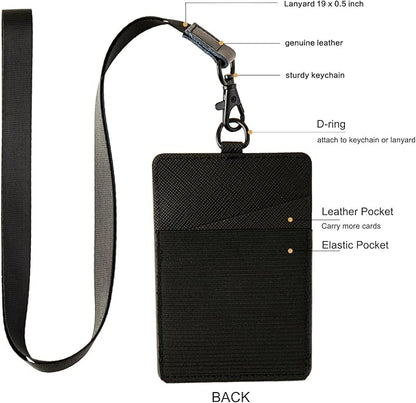 Leather Badge Holder, Vertical ID Card Holder with Clear Window, 2 Elastic Card Slots & Detachable Lanyard for Offices, Schools (Black-F)