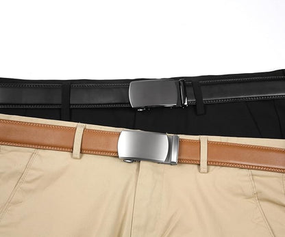 2 Pack Ratchet Belt 1 3/8", Mens leather Dress Belt in Gift Set Size 28"-62" Adjustable waist Trim to Fit