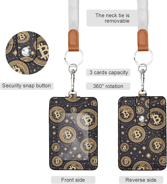 Badge Holder, Bitcoins Logos PU Leather School College Business ID Badge Card Holder Wallet Case with 1 Clear Window, 2 Credit Card Slots and Detachable Neck Lanyard - Vertical