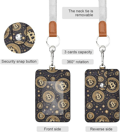 Badge Holder, Bitcoins Logos PU Leather School College Business ID Badge Card Holder Wallet Case with 1 Clear Window, 2 Credit Card Slots and Detachable Neck Lanyard - Vertical