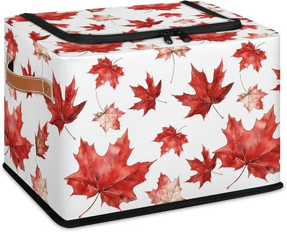 Red Maple Leaf Storage Bins With Zipper Lid, Collapsible Trunk Organizer, Car Organizers and Storage Bins with Lids, Autumn Decorative Storage Boxes with Handle, Home Storage Baskets for Organizing