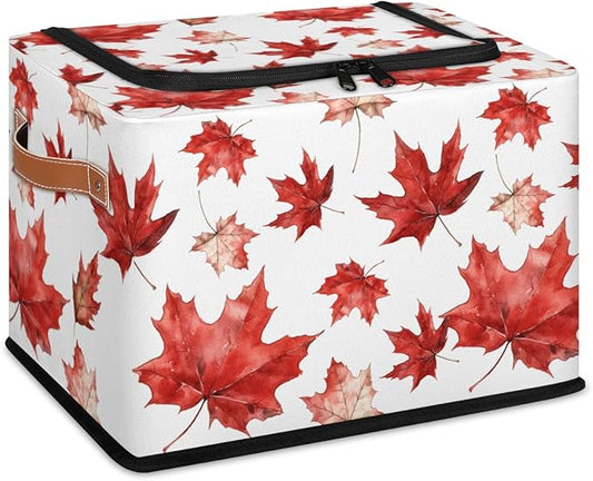 Red Maple Leaf Storage Bins With Zipper Lid, Collapsible Trunk Organizer, Car Organizers and Storage Bins with Lids, Autumn Decorative Storage Boxes with Handle, Home Storage Baskets for Organizing