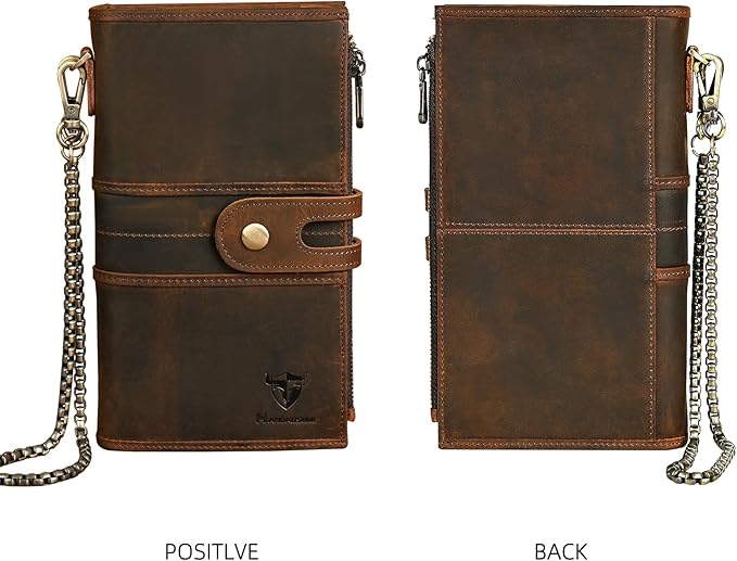 Genuine Crazy Horse Leather Travel Gift Coin Pocket Card Case Long Organizer Chain Rfid Wallet Purse With Snap For Men Male 1803 1815 (1815 Brown)
