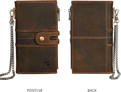 Genuine Crazy Horse Leather Travel Gift Coin Pocket Card Case Long Organizer Chain Rfid Wallet Purse With Snap For Men Male 1803 1815 (1815 Brown)