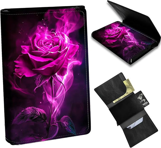 Minimalist Wallet for Men's Card Holders, Pop-Up Card Case Durable Wallets for Women, Leather Automatic Credit Card Holder with Metal Money Clip RFID Blocking Bifold Pocket, Rose Red Flame