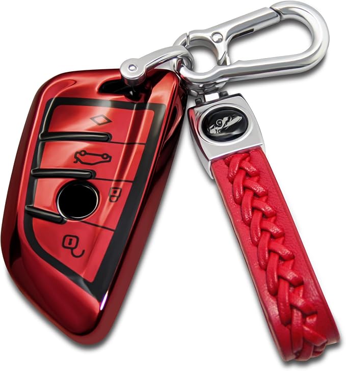 Creativity Suitable for BMW key fob Cover. Advanced soft TPU key box is compatible with F30 F45 F55 G20 G30 X1 X3 X4 X5 X6 X7 3 5 6 7 8 M5 M6 GT series smart key (Type B Red Key Case + key chain set)